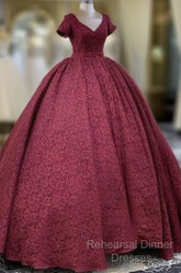 Ball Gown V Neck Lace Dress With Sleeves